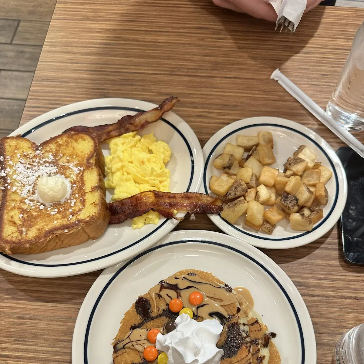 Scrambled Eggs Bacon Potato Pancakes and Strawberry Pancakes