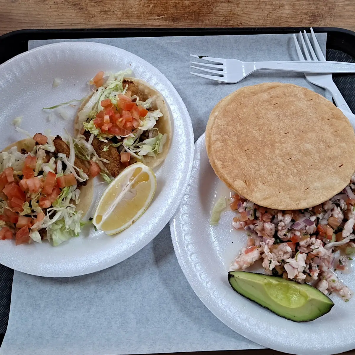 Fish Tacos and Ceviche De Camaron