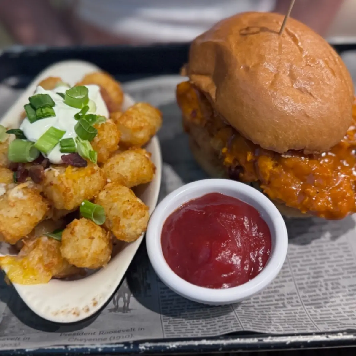 Buffalo Chicken Sandwich with Loaded Tots