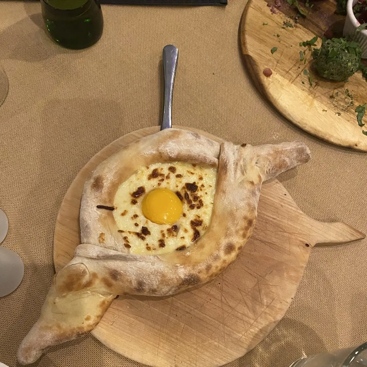 Ajaruli Khachapuri Fresh Baked Bread Stuffed with Mozzarella Cheese Topped with Runny Egg