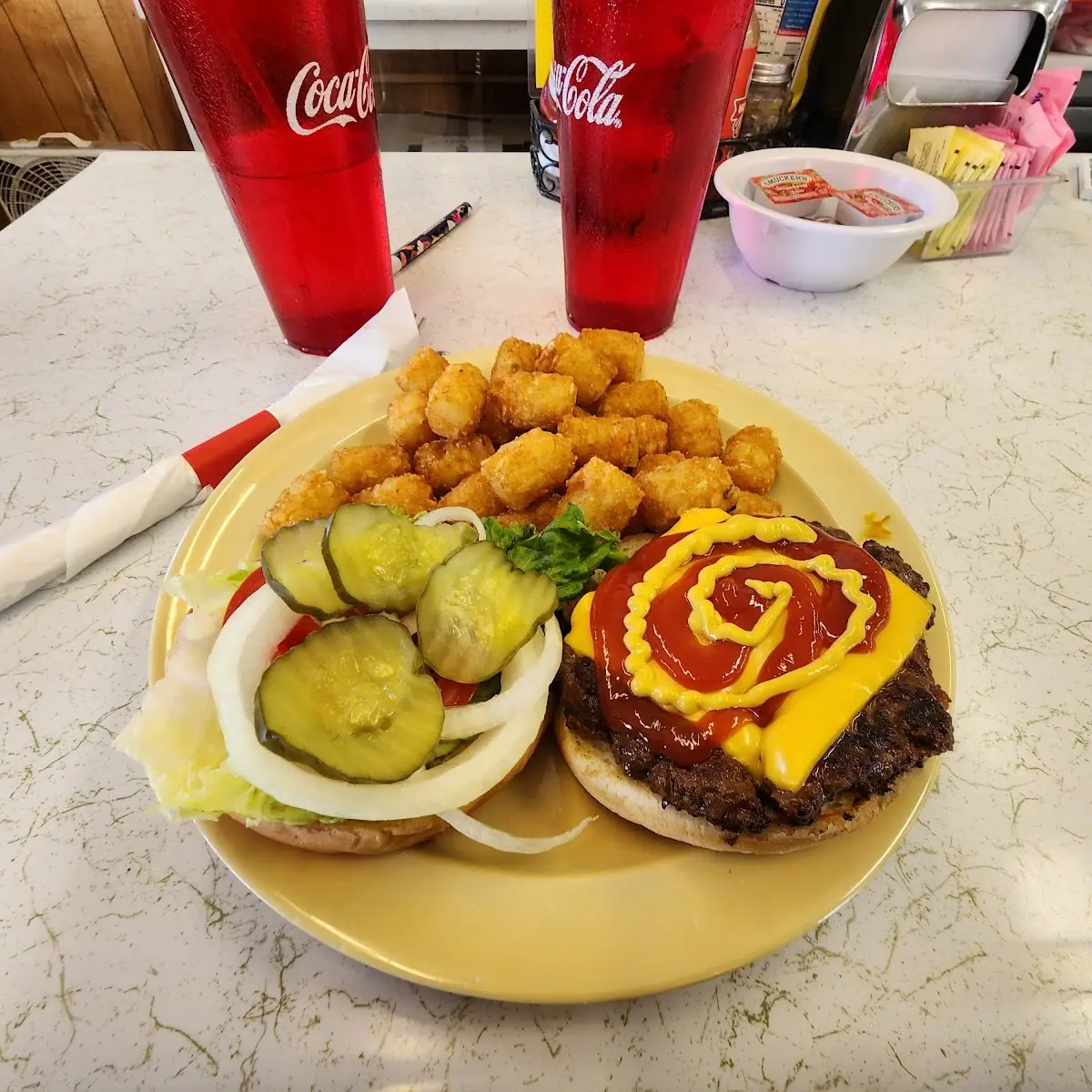 Large Cheeseburger and Tater Tots