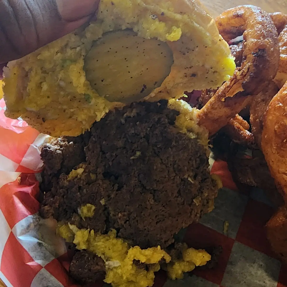 Double Slaw Burger and Onion Rings