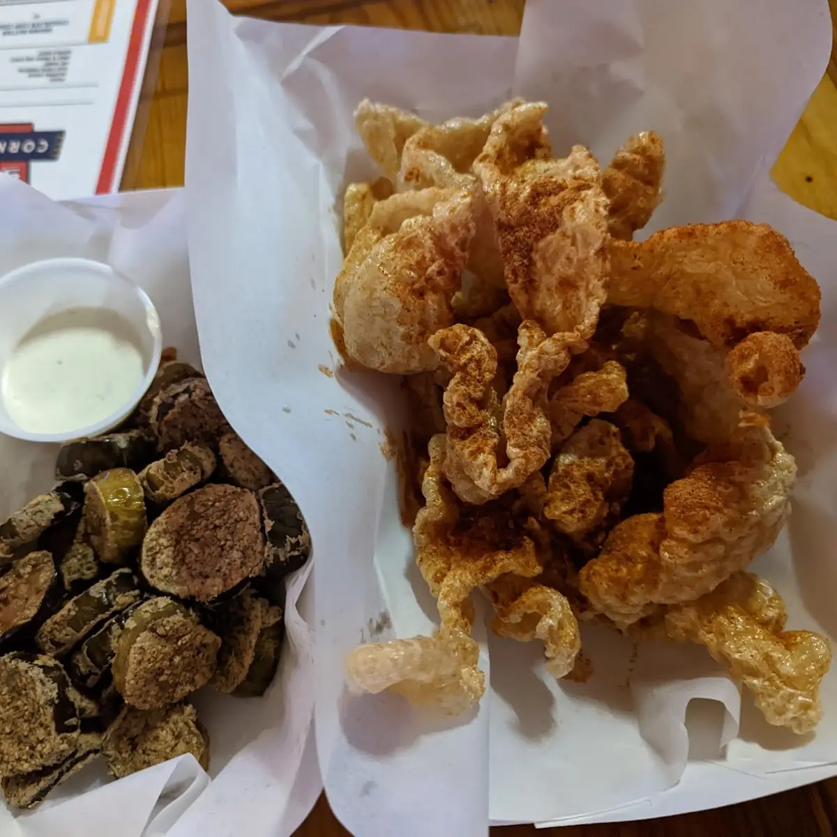 Fried Pickles Left and Pork Rinds Right
