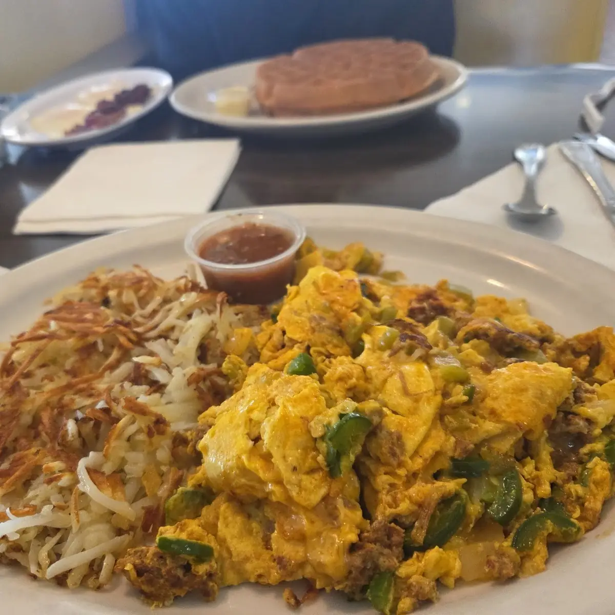 Scrambled Eggs and Hash Browns Breakfast Plate