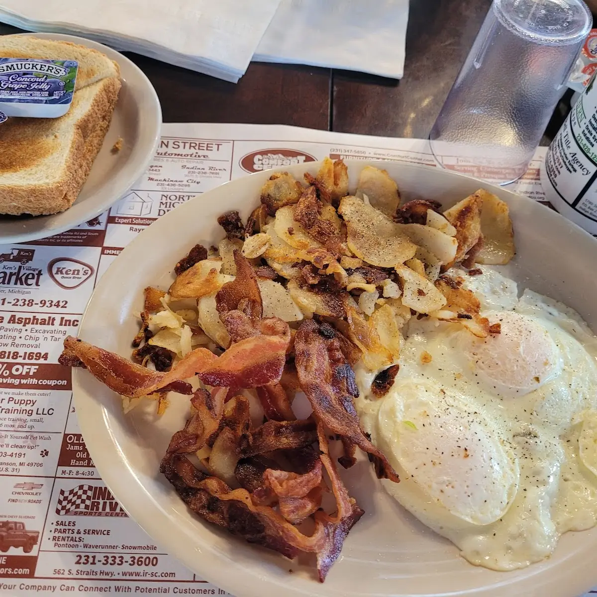 Scrambled Eggs Hash Browns and Bacon