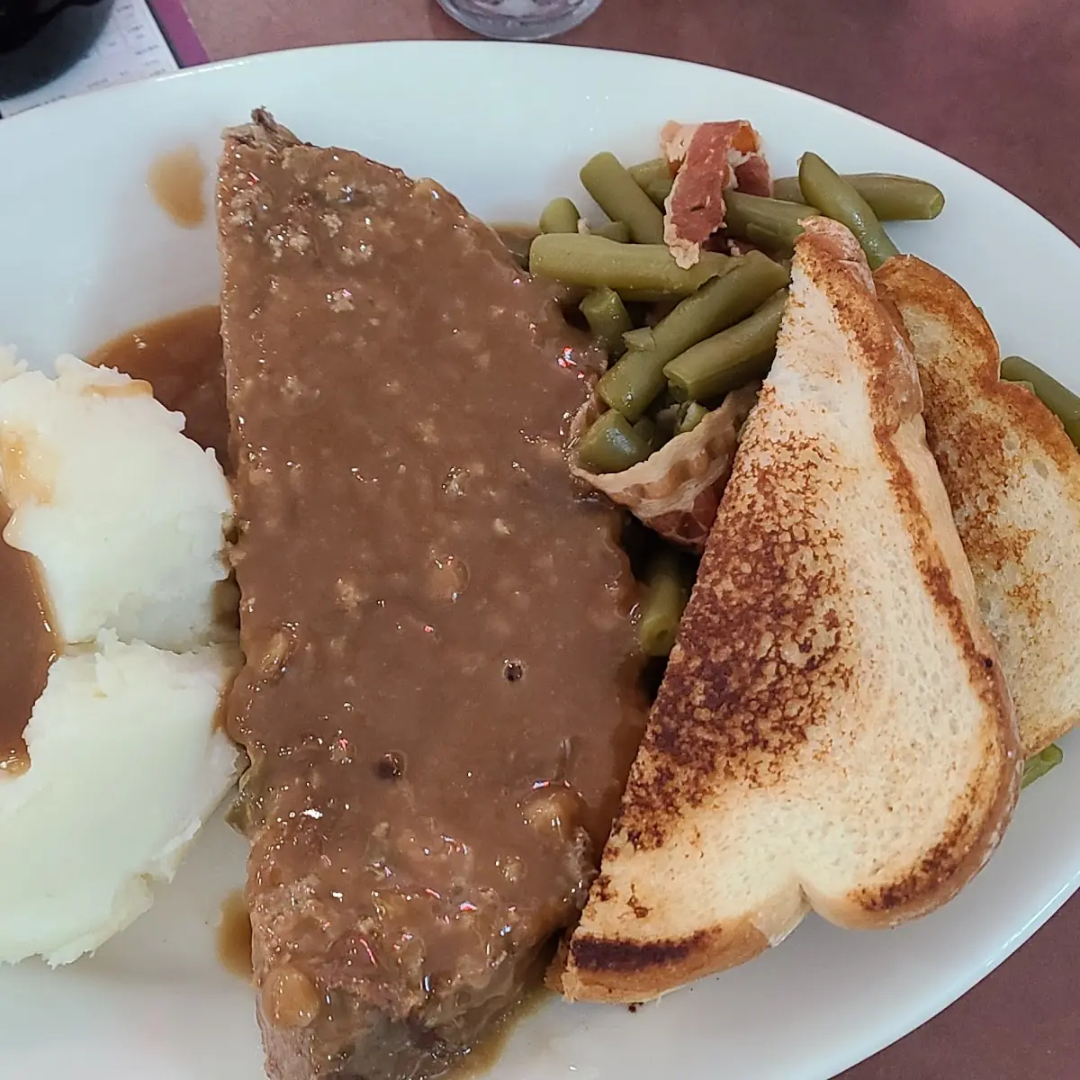 Meatloaf Mashed Potatoes with Gravy and Green Beans with Bacon