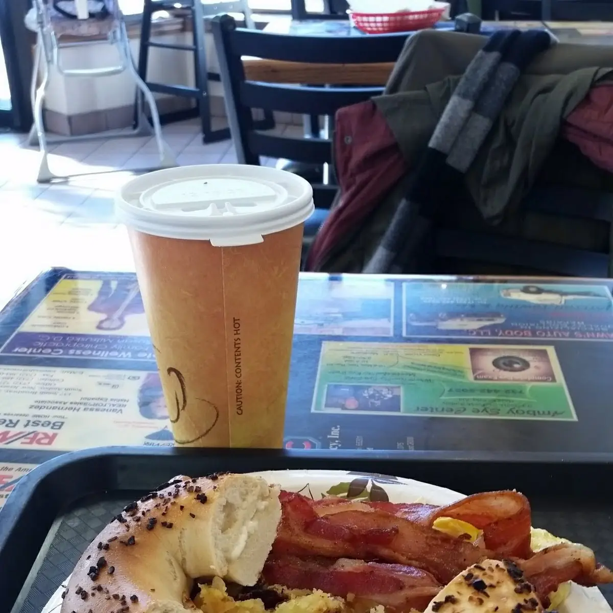Breakfast Platter Scrambled Eggs Home Fries Bacon Toasted Garlic Bagel with Butter