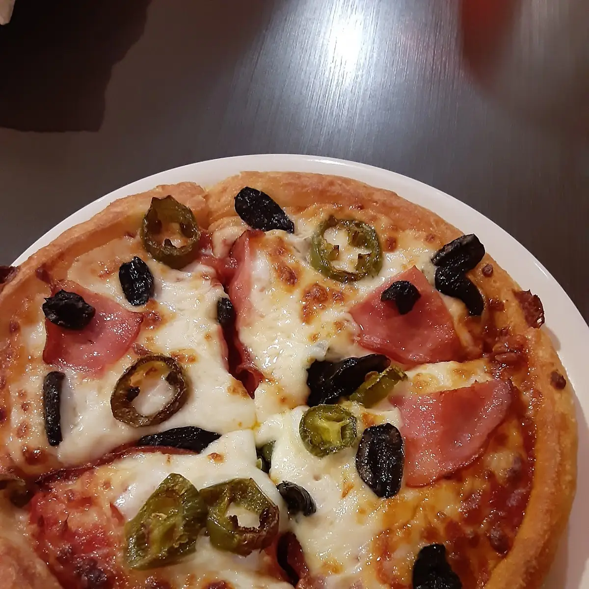 Personal Pizza with Ham Olives and Jalapenos