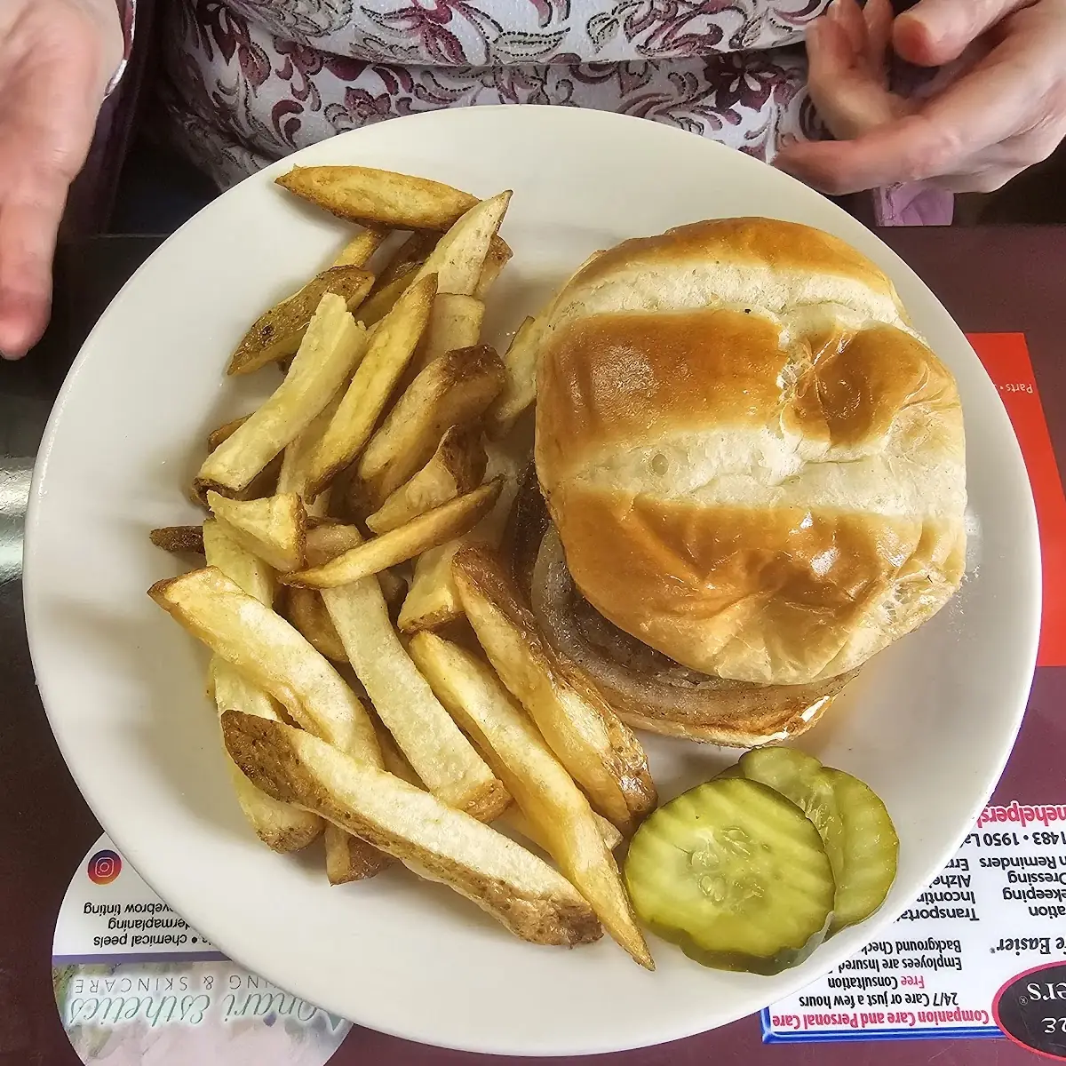 Hamburger with Grilled Onions and Fries