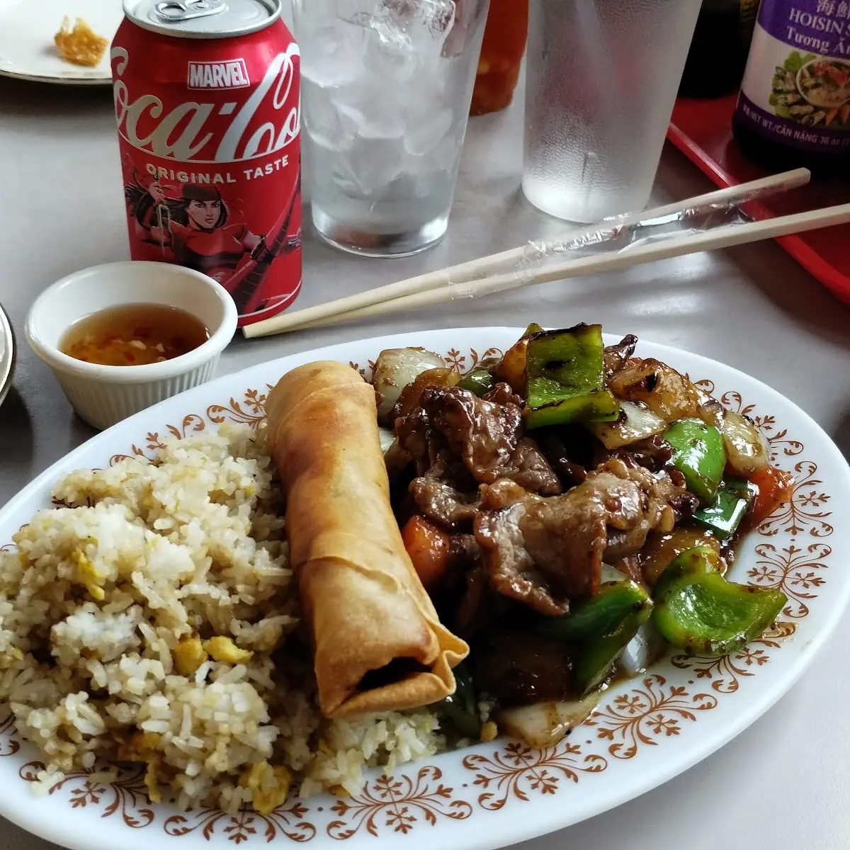 Chicken Broccoli Egg Roll Fried Rice Combination Plate