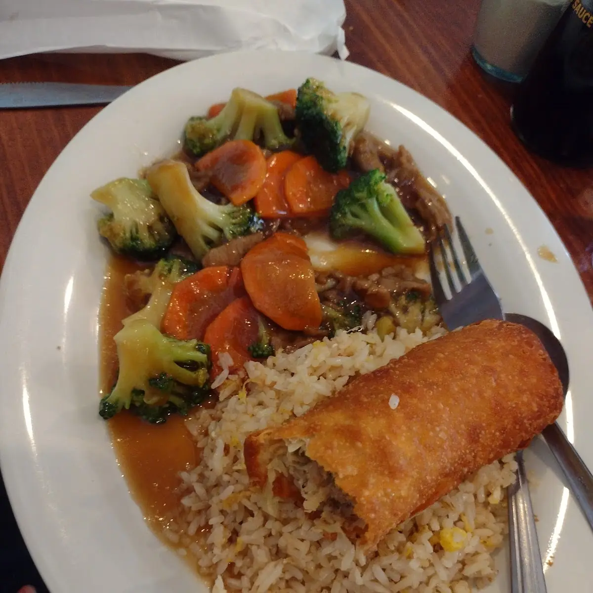 Beef Broccoli with Fried Rice Pork and Egg Roll