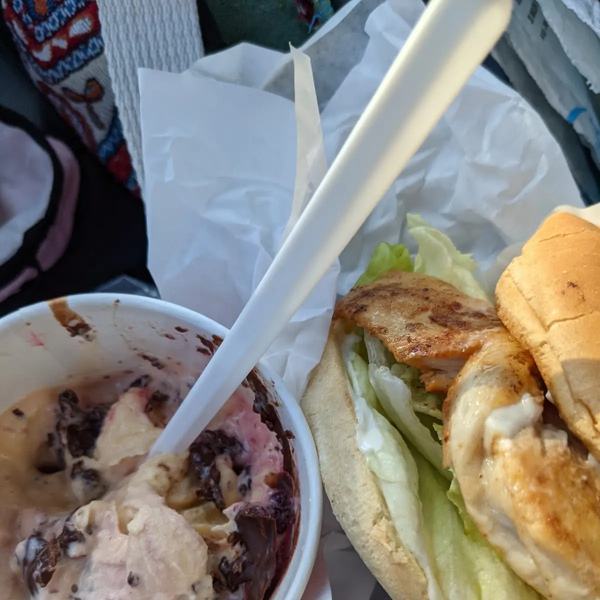 Triple Berry Blast with Chocolate Bits and a Grilled Chicken Sandwich