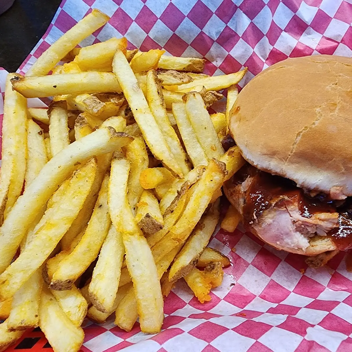 Pulled Pork Burger with Spicy BBQ Sauce and Hand Cut Fries