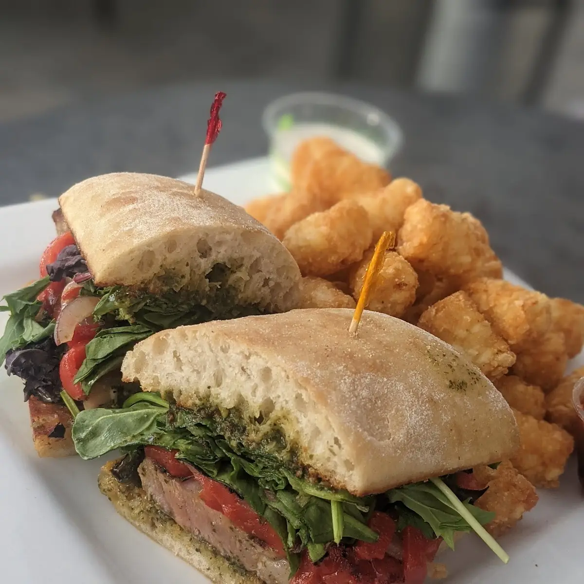Steak Sandwich and Tater Tots