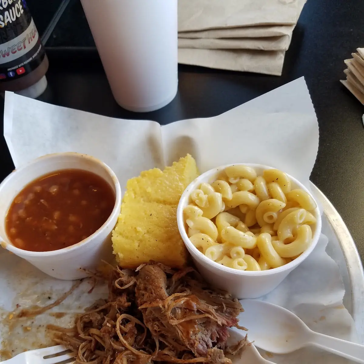 Pulled Pork with Mac and Cheese and Baked Beans
