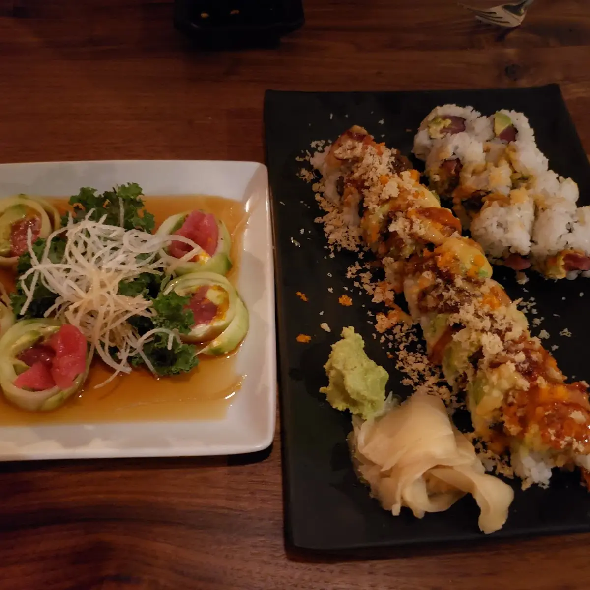 Low Carb on Left Godzilla Roll Spicy Tuna Roll