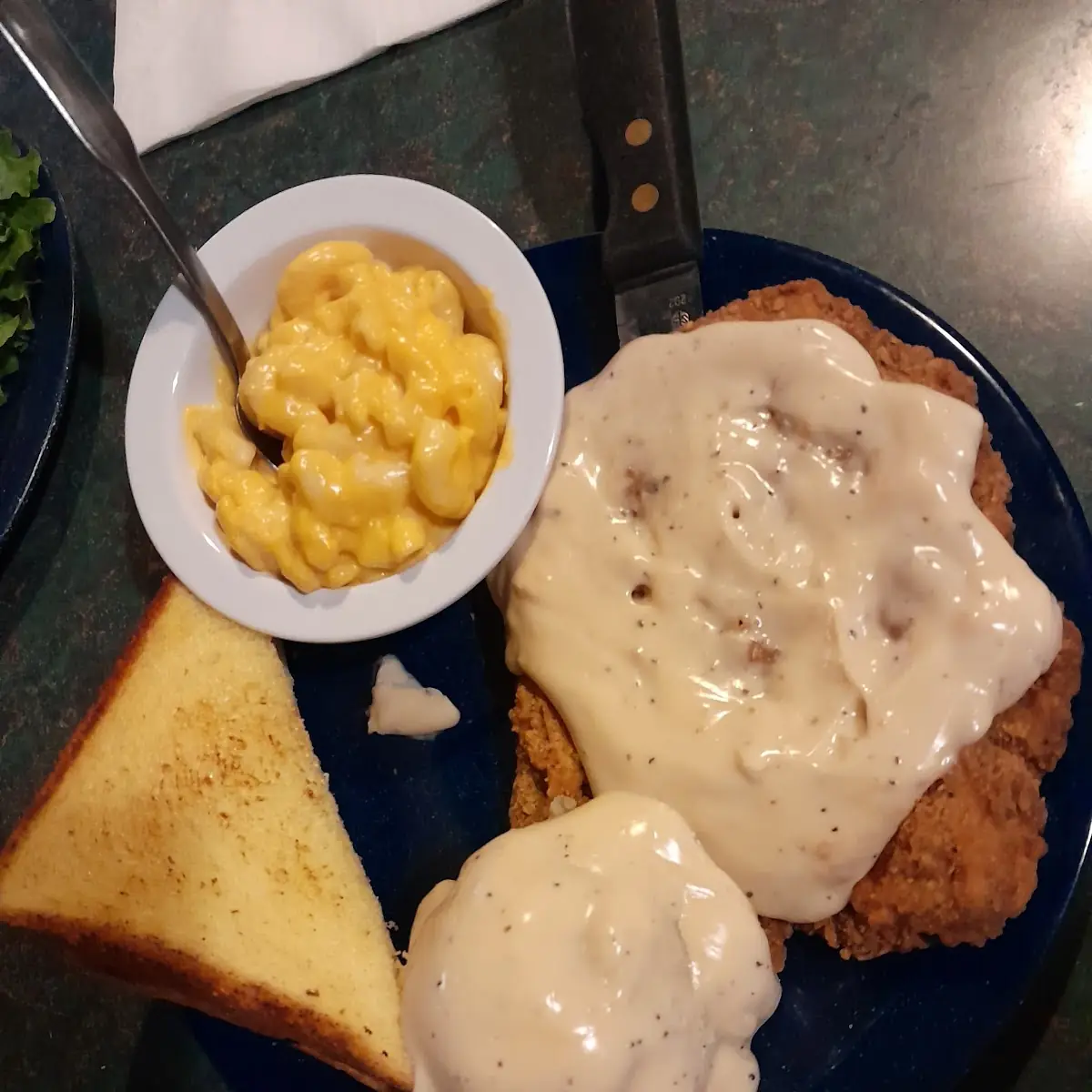 Chicken Fried Steak Mashed Potatoes and Macaroni and Cheese