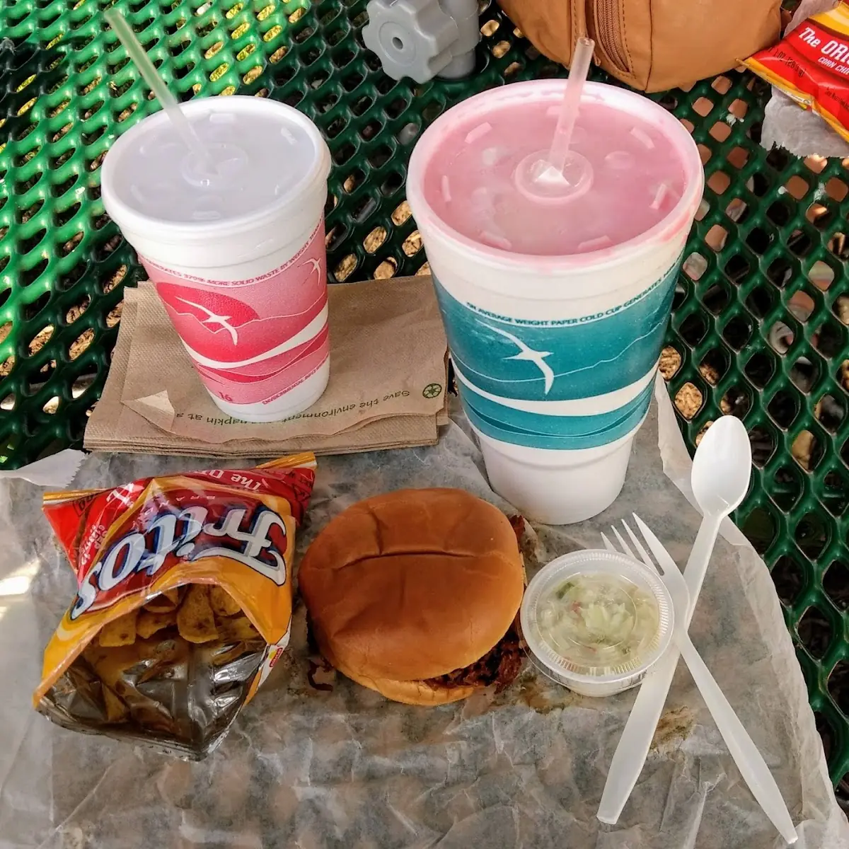 The Works BBQ Sandwich Chips and a Float