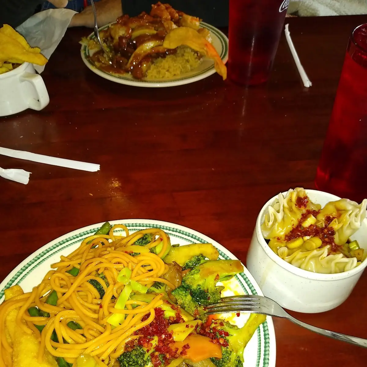 Noodles with Broccoli Beef and Potstickers