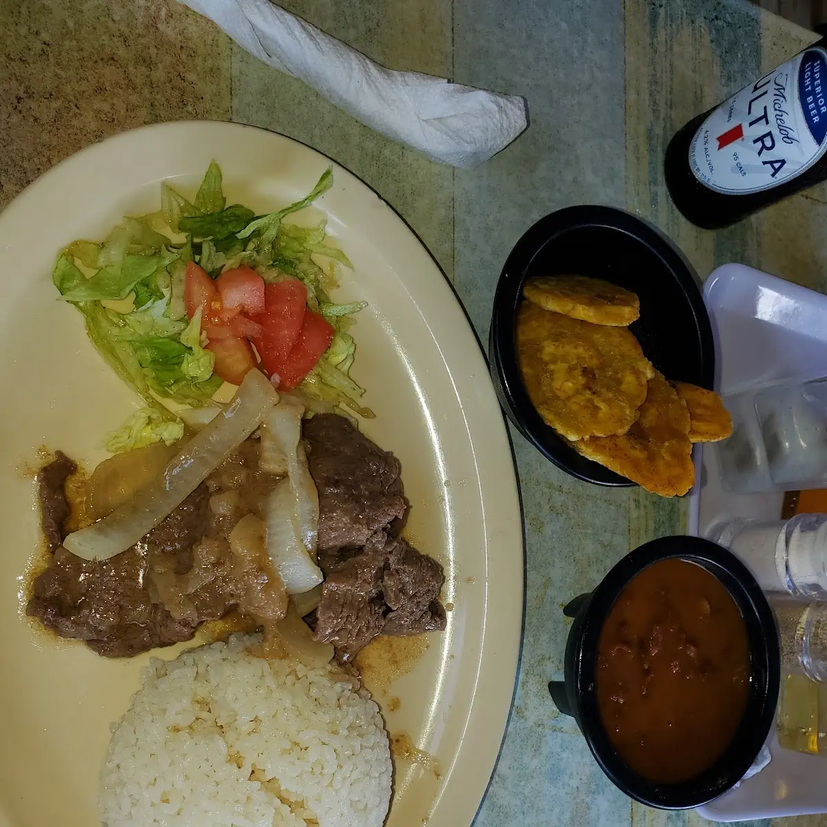 White Rice and Beans and Bistec