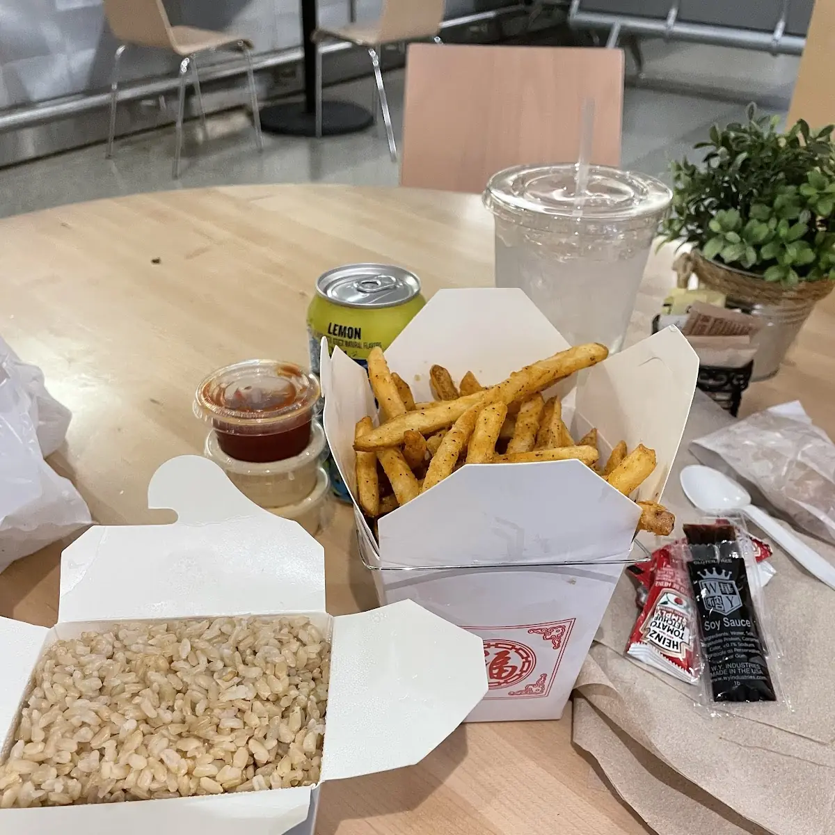 Brown Rice and Spring Rolls with Fries