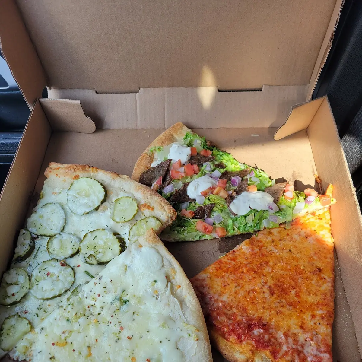 Gyro Pizza Slice White Pizza Slice Plain Slice Pickle Slice