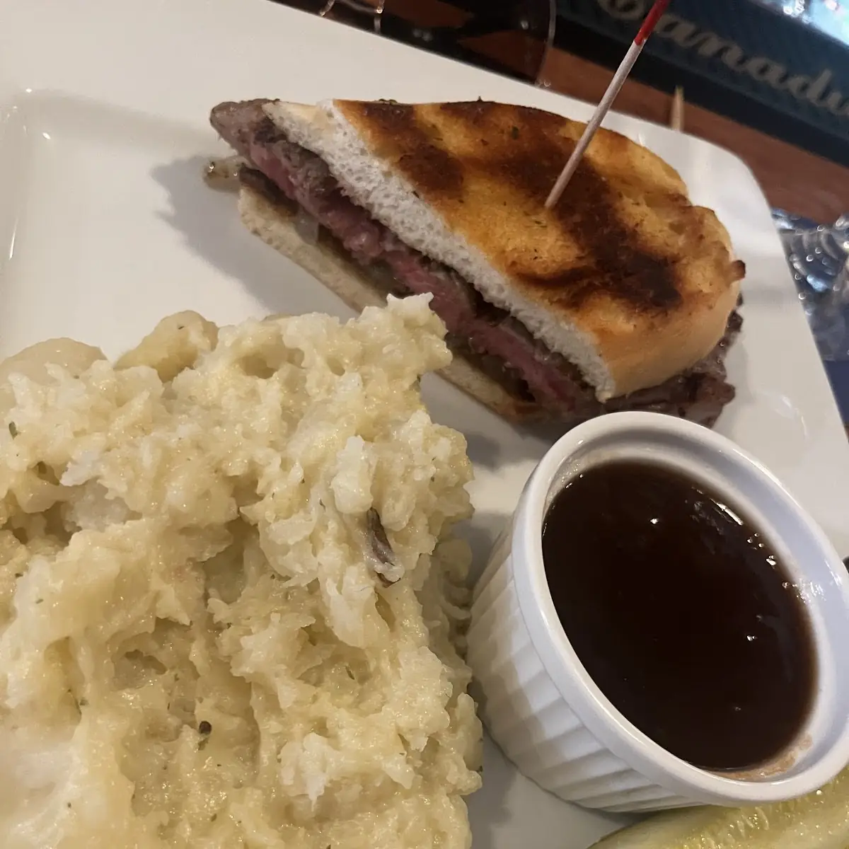 Steak Sandwich and Garlic Mashed Potatoes, Sandy's Riverside Grill