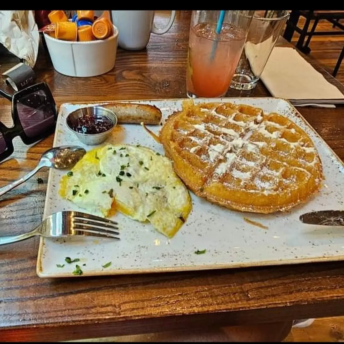 Blueberry Pancakes Waffle and Scrambled Eggs and Sausage