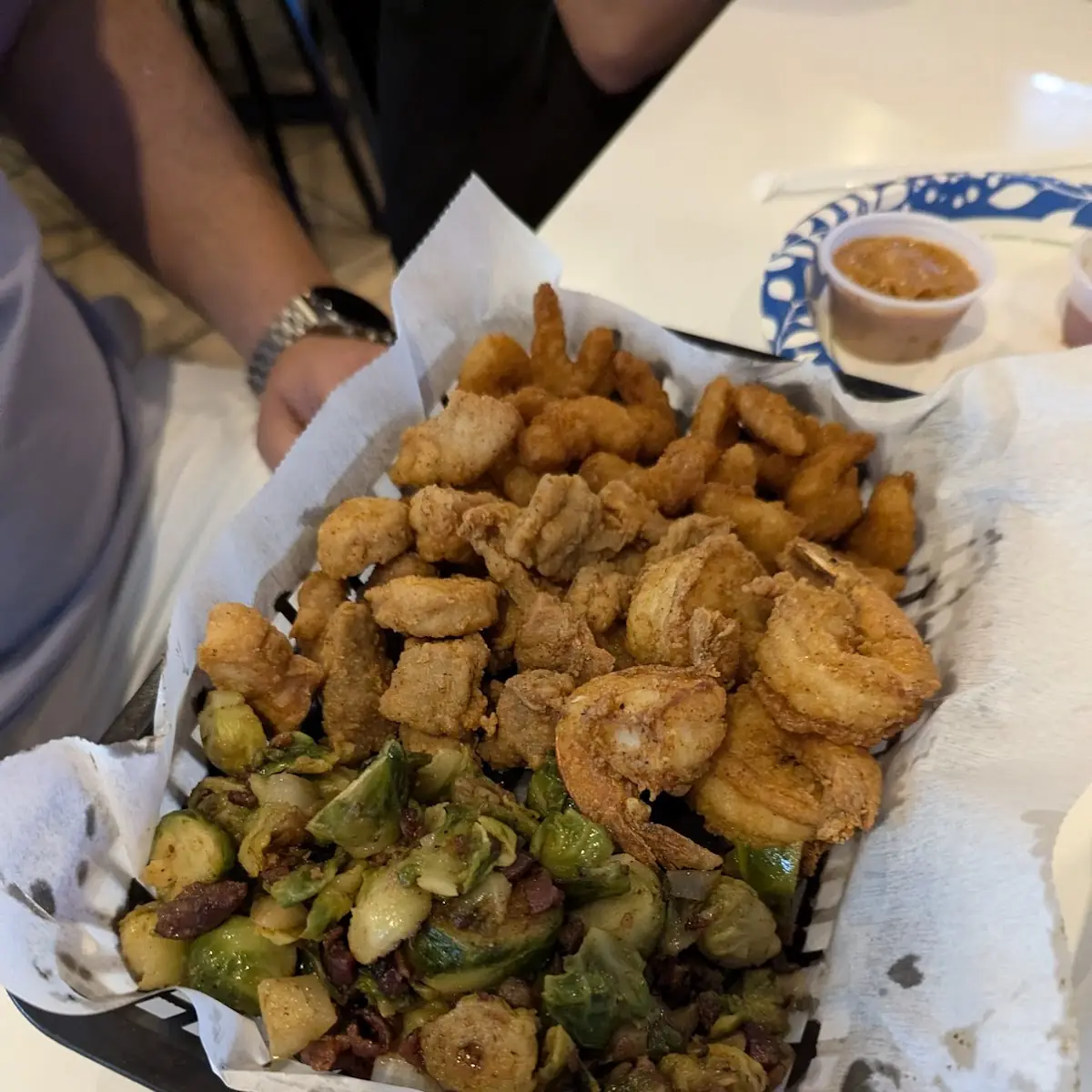 Fried Shrimp Fried Gator Bites Fried Popcorn Shrimp and Grilled Brussel Sprouts