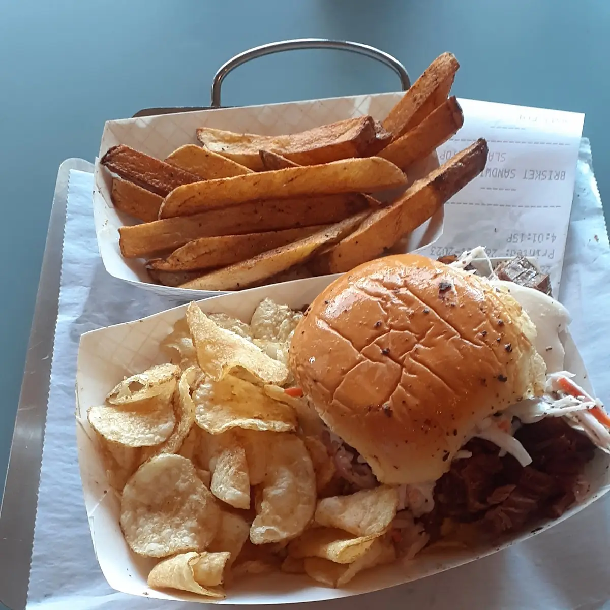 Brisket Sandwich with Coleslaw with Homemade Potato Chips