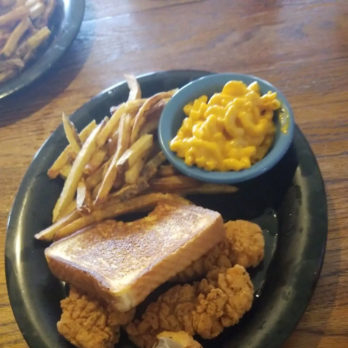 Fries and Chicken with Mac and Cheese