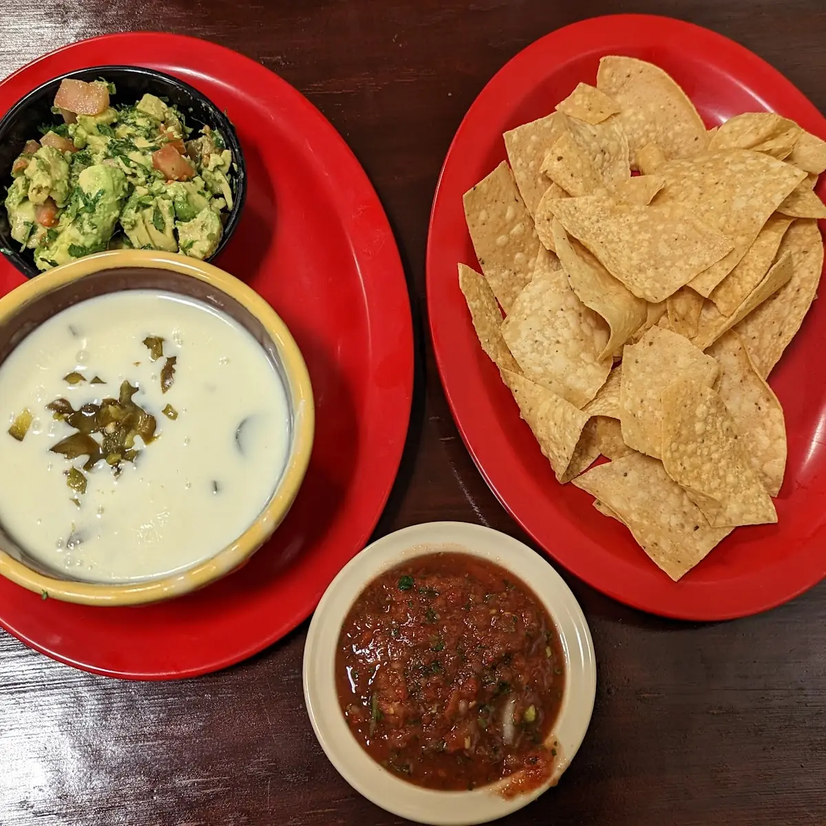 Nachos with Salsa Cheese Dip and Guacamole