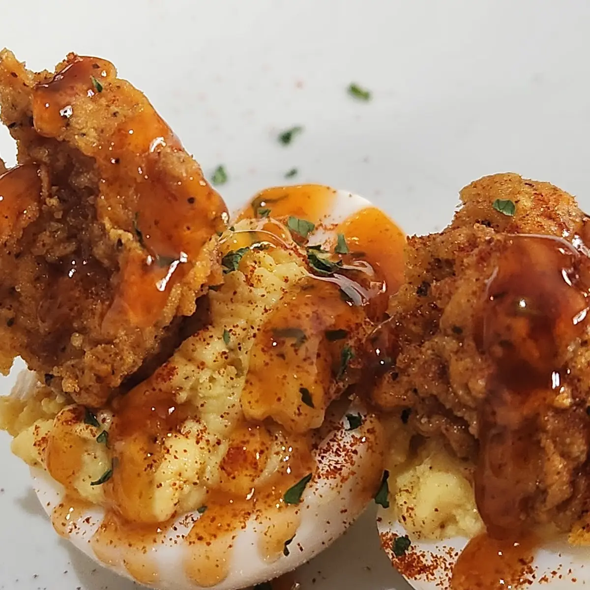 Deviled Eggs with Fried Chicken Tenders