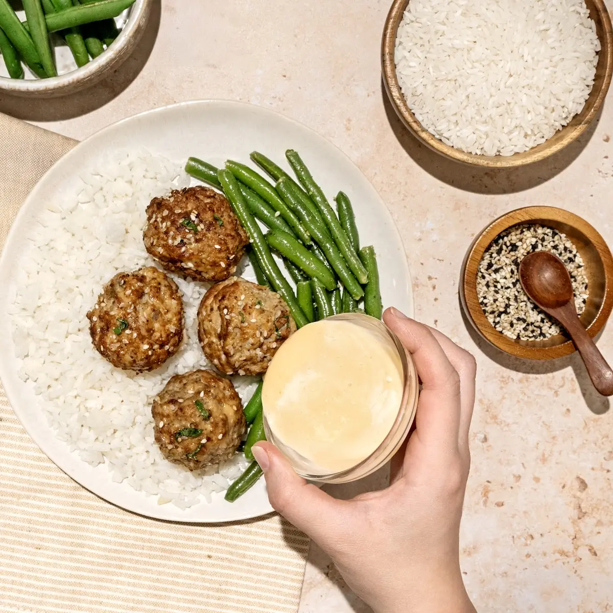 Firecracker Meatballs with White Rice and Roasted Green Beans