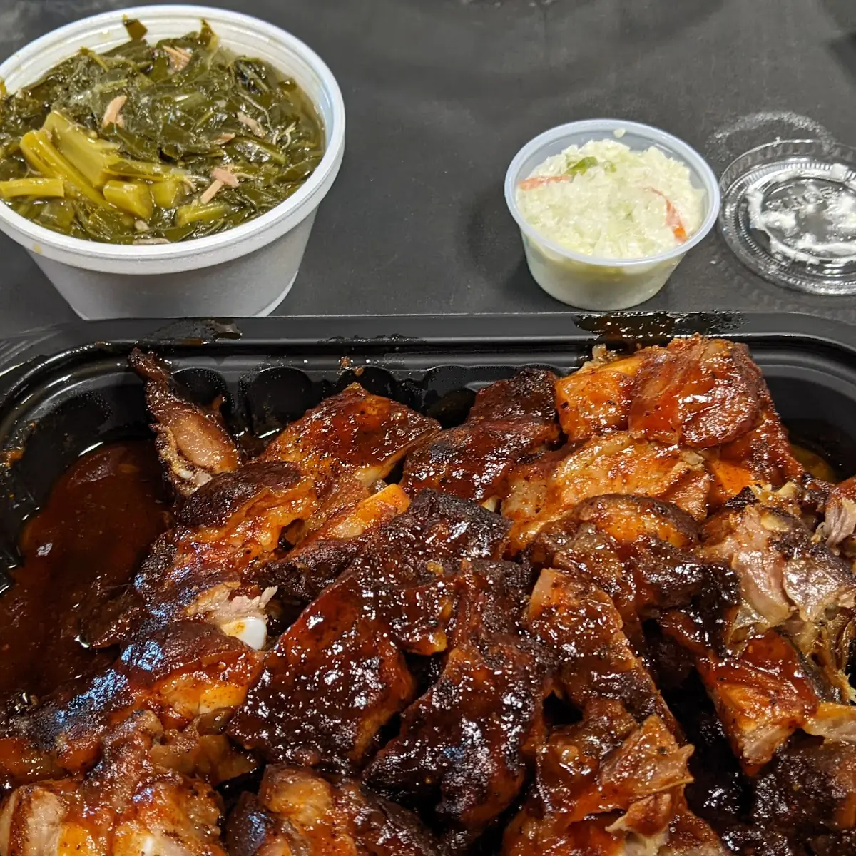 Barbecue Rib Tips with Collard Greens and Cornbread