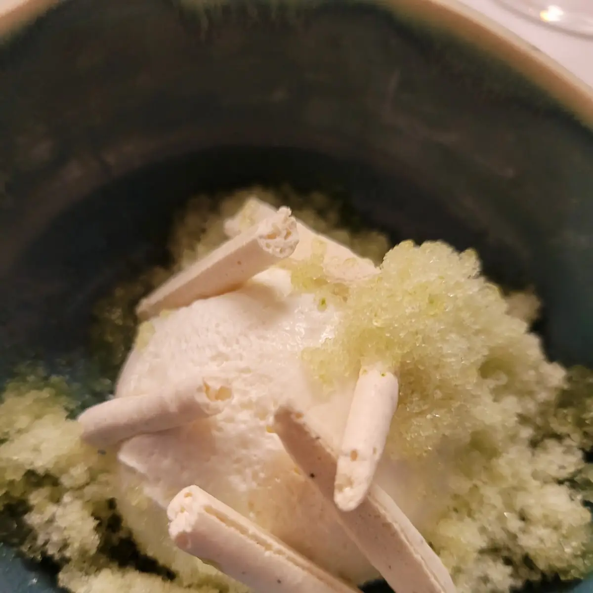 White Chocolate and Chartreuse Semifreddo with Celery Granita and Black Pepper Meringues