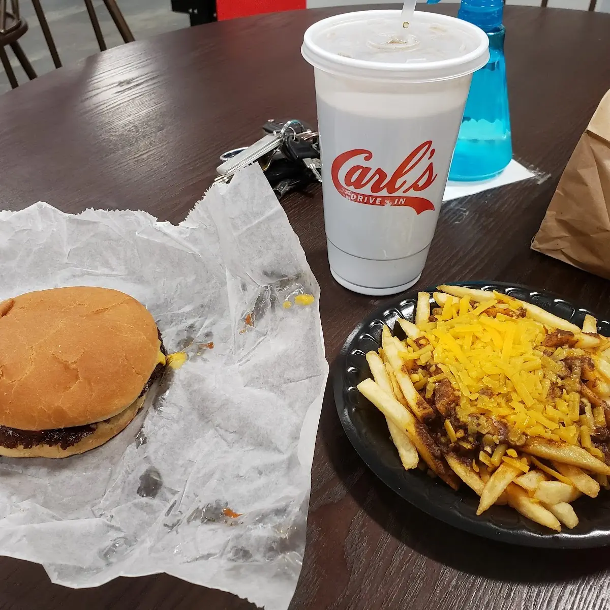 Double Cheeseburger Chilli Cheese Fry and Large Root Beer