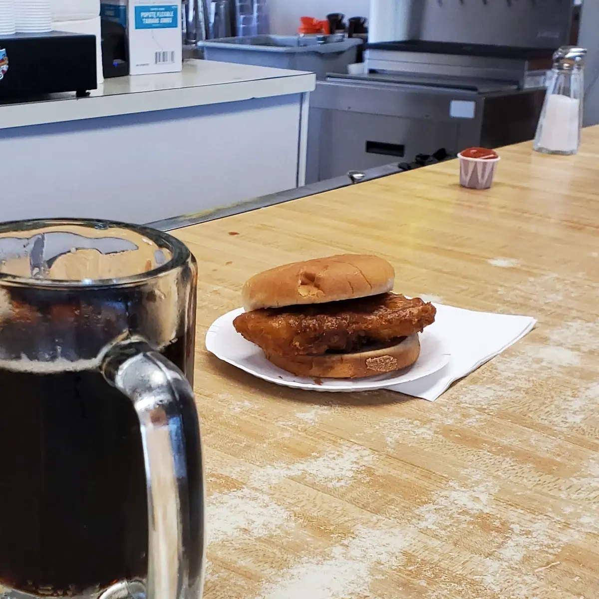 Root Beer and Fish Sandwich
