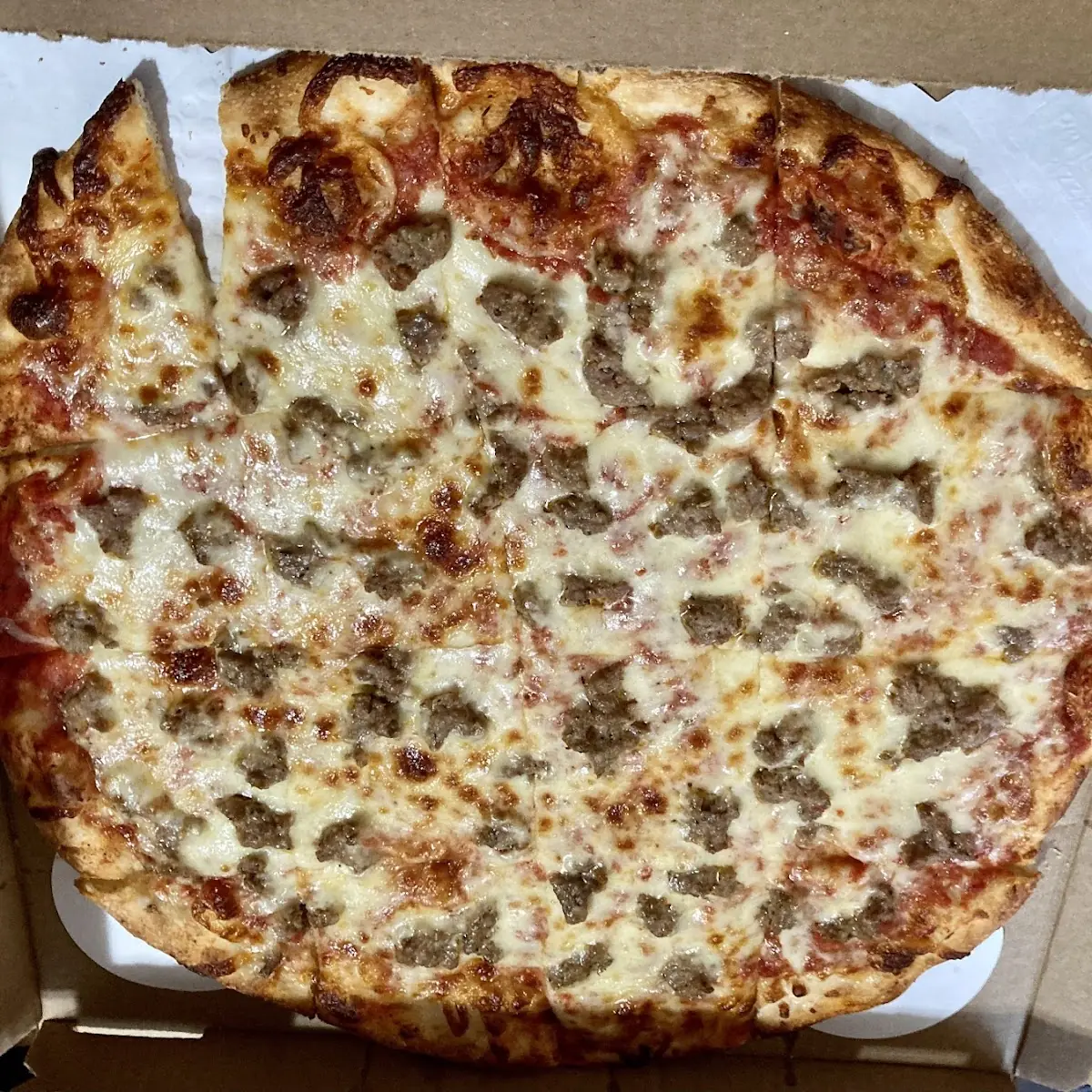 Thin Crust Cheese and Sausage Pizza