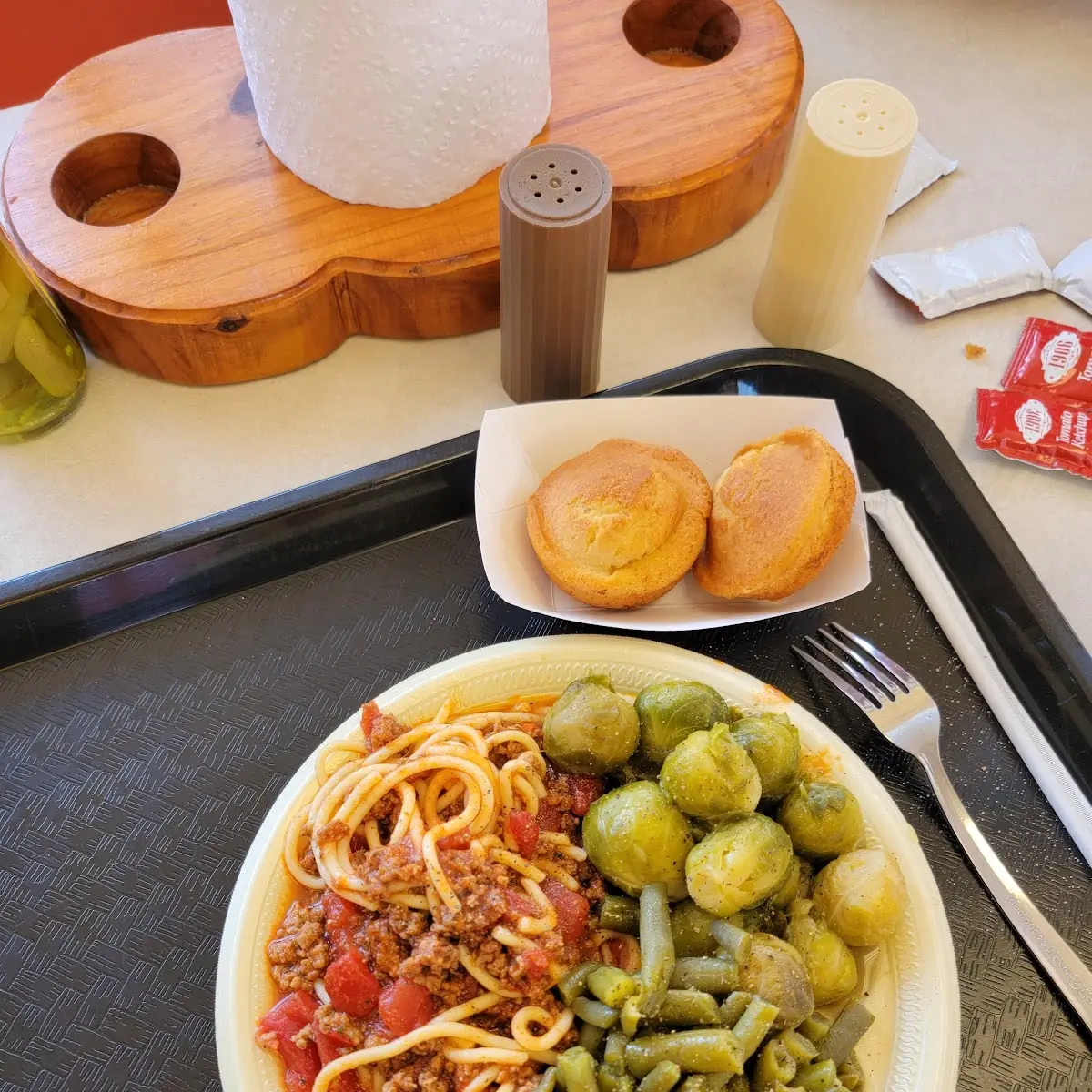 Spaghetti Green Beans and Brussel Sprouts with Cornbread