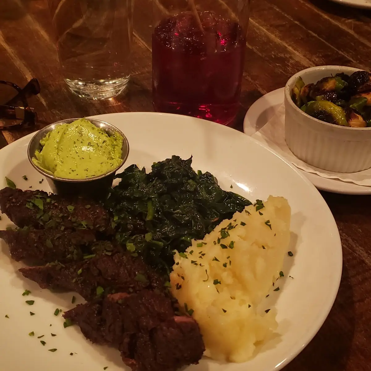 Grilled Hanger Steak w Garlic Butter Mashed Potatoes Sautéed Spinach & Brussel Sprouts
