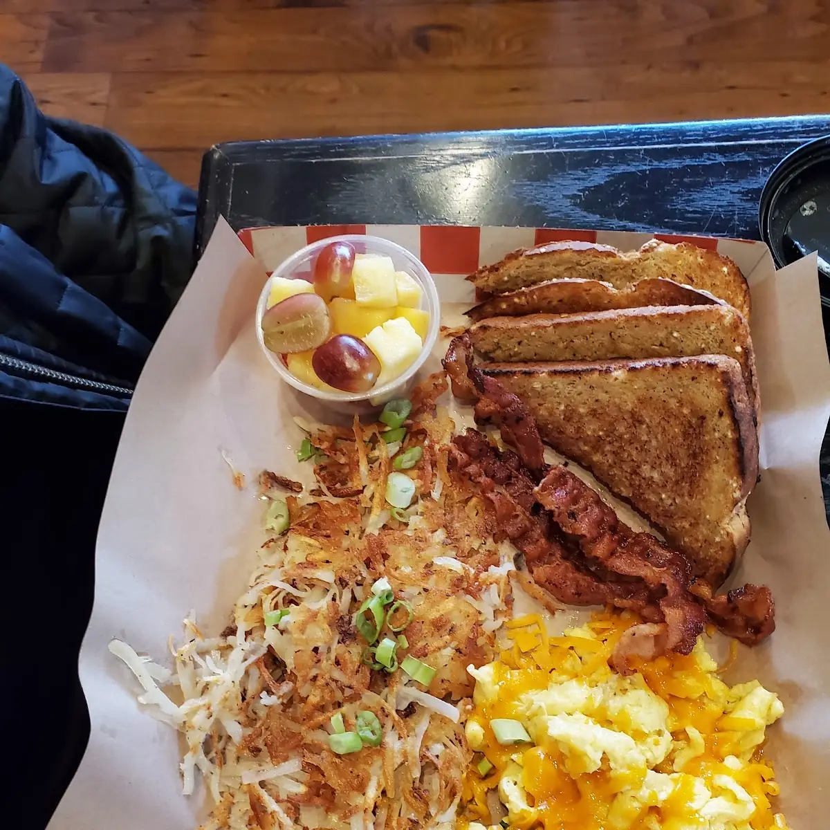 Hashbrowns Bacon Eggs and Bread