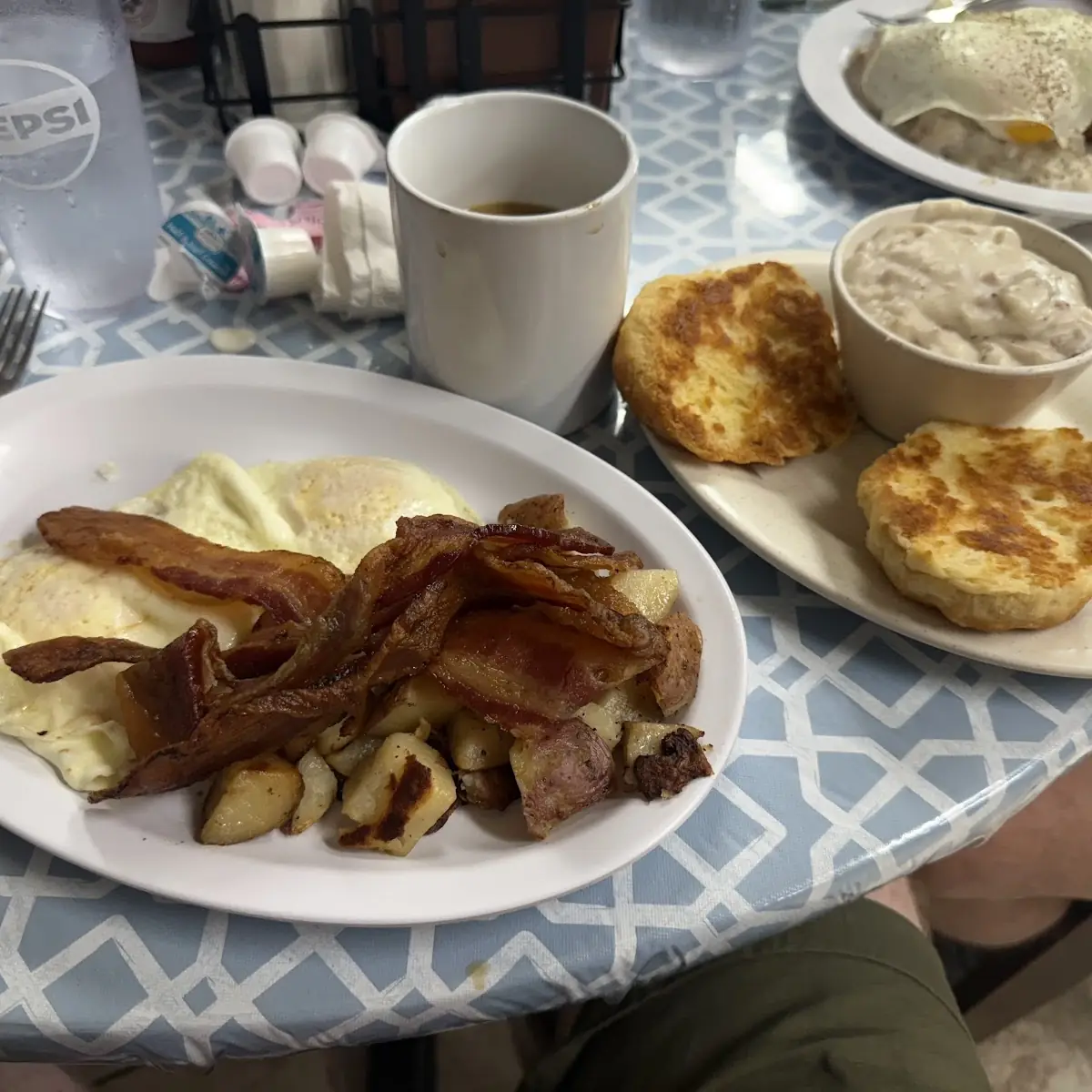 2 Eggs Bacon Potatoes Grilled Biscuit and Gravy