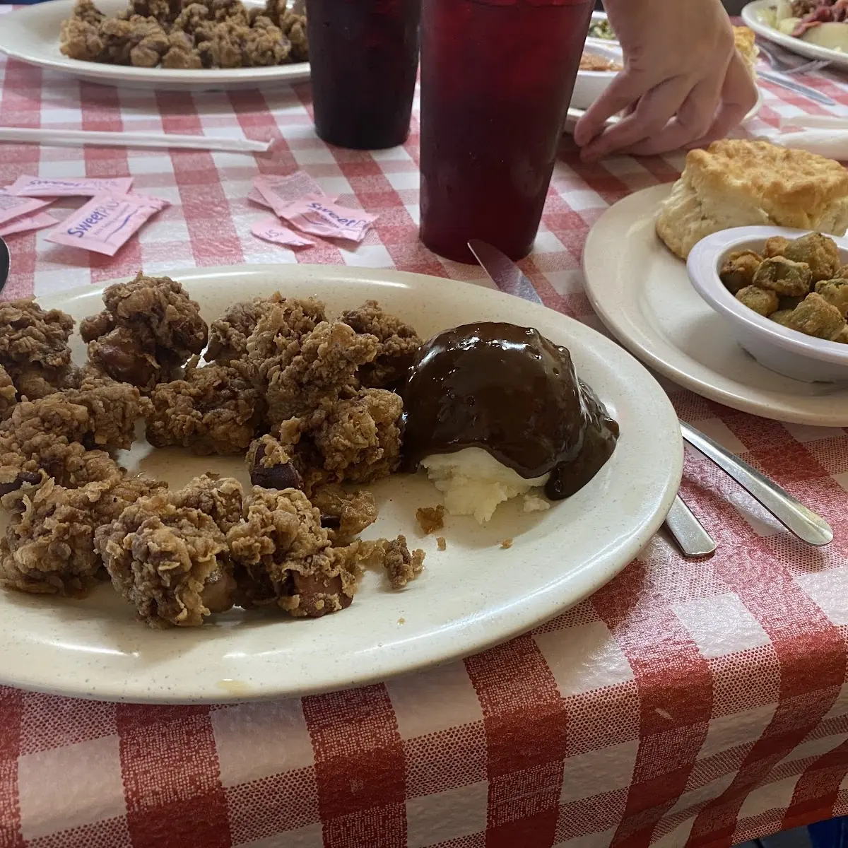 Mashed Potatoes Gravy Fried Okra and Biscuit