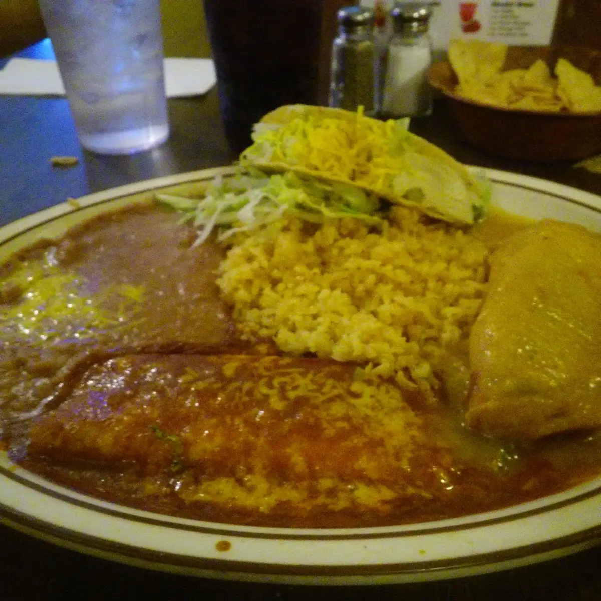 Cheese Enchilada Chile Relleno Taco w Rice & Beans