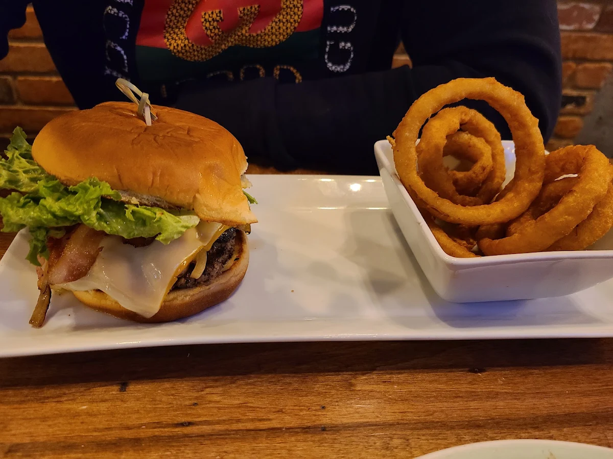 Cracker Jack Burger with Onion Rings, Cracker Jack's Bar & Grill
