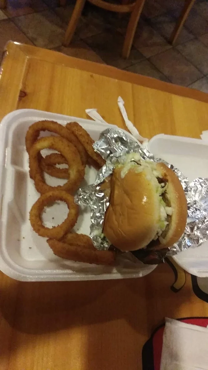 Cook Out Burger with Onion Rings