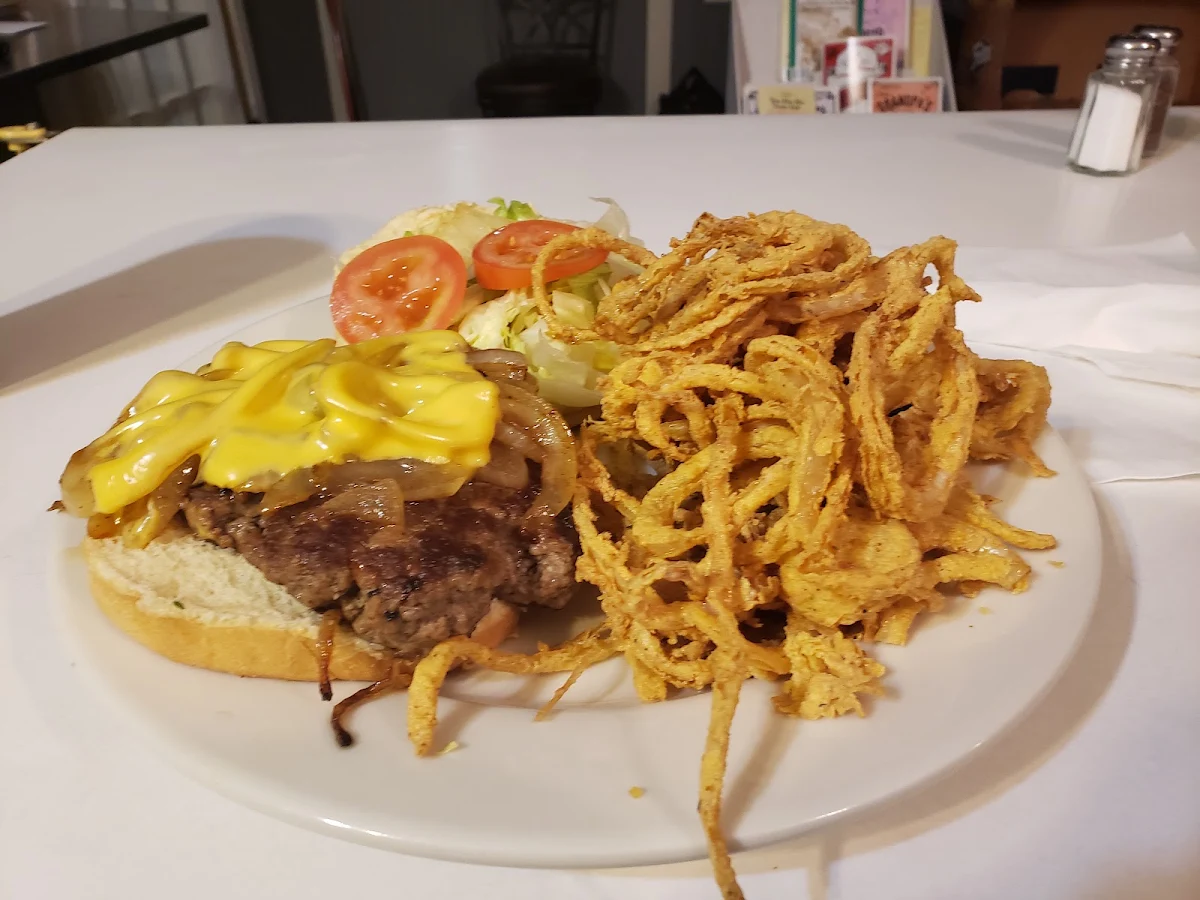 Cheeseburger with Fried Onions and Onion Rings