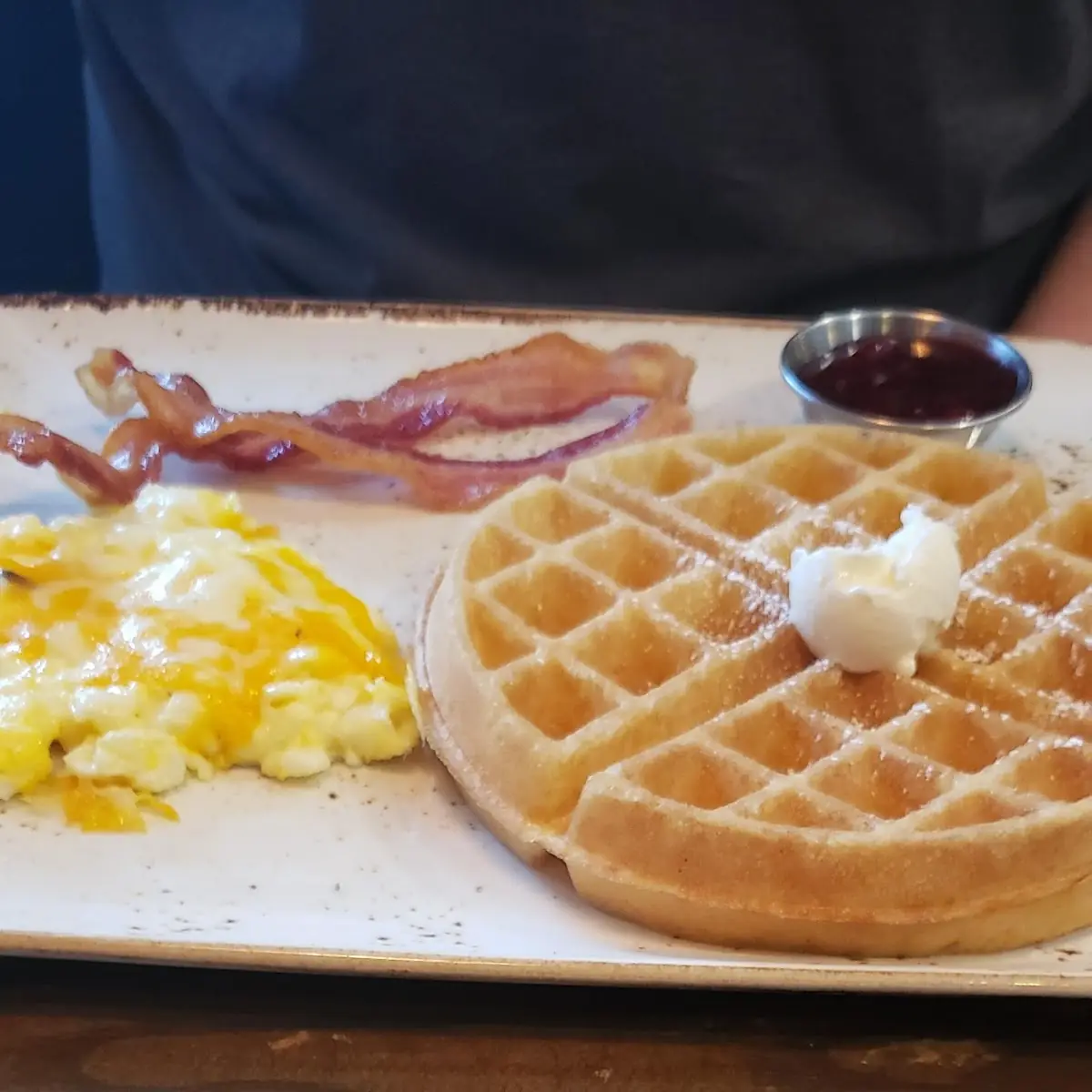 Tri-Fecta Scrambled Eggs Belgian Waffle and Turkey Sausage