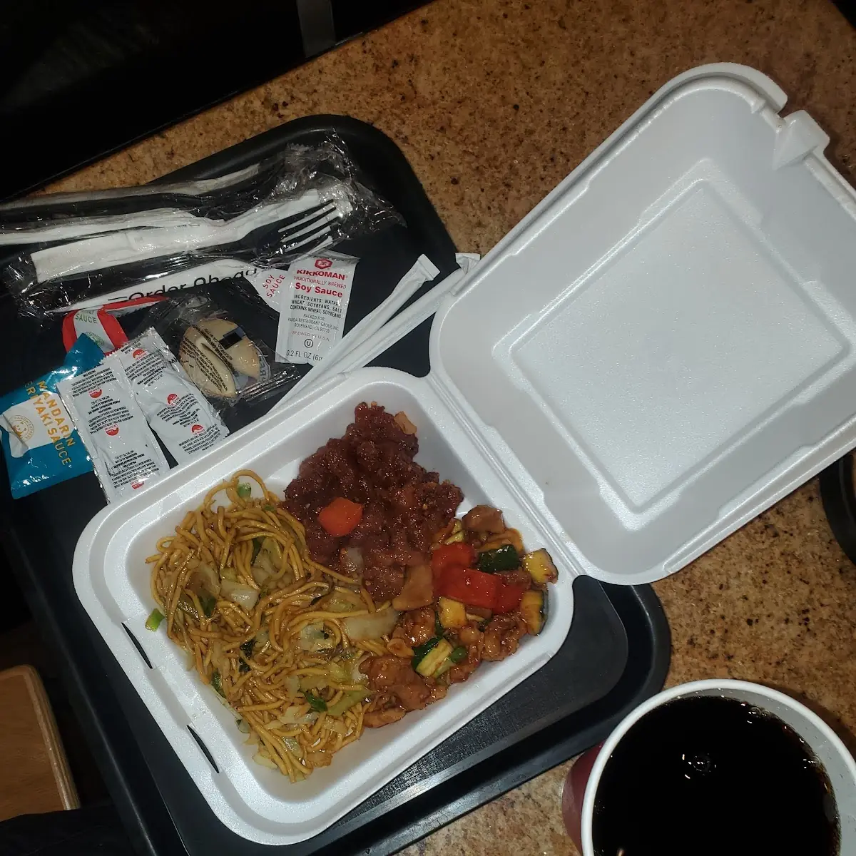 Lo Mein with Mongolian Beef and Orange Chicken